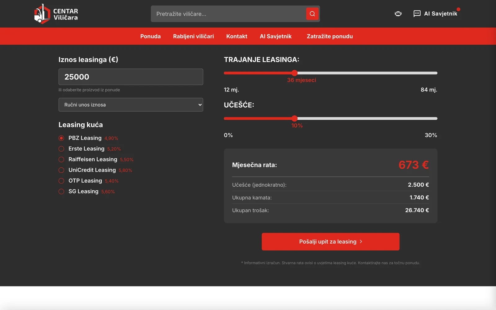 Kalkulator leasinga: rata prije upita